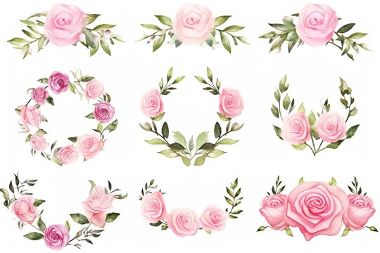 Watercolor frames of roses, leaves, branches. Hand-drawn pink flowers, green leaves in festive frames