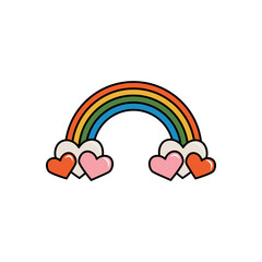 Cute rainbow and hearts vector clipart in groove style. Isolated retro sticker on a white background. Stock illustration.