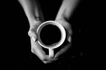 A cup of coffee in a woman's hands, view from the top, black background.