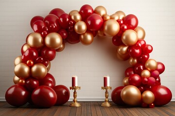 Fototapeta na wymiar red with golden curtain birthday stage with balloons frames