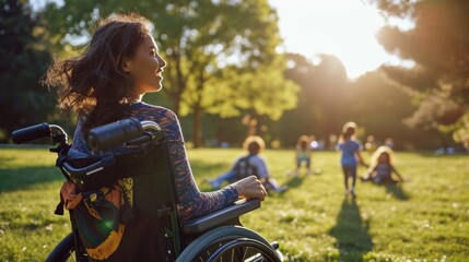 Young woman in a wheelchair with her friends in the background at sunset. AI generated - obrazy, fototapety, plakaty