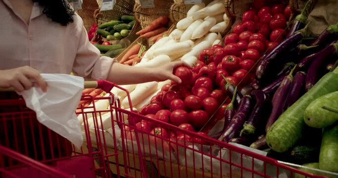 Pretty young woman buys food, tomatoes in the market, in the supermarket. Girl chooses products,vegetables, fruits in the store. Shopping,Vegan sales concept.