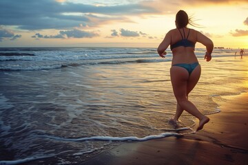 Fototapeta na wymiar Young woman running on the beach at sunset. Rear view of young woman in bikini running on the beach at sunset. AI generated