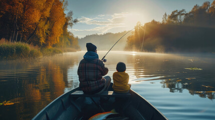 dad and son catch fish with a fishing rod, sit on a boat on the river bank, autumn - obrazy, fototapety, plakaty