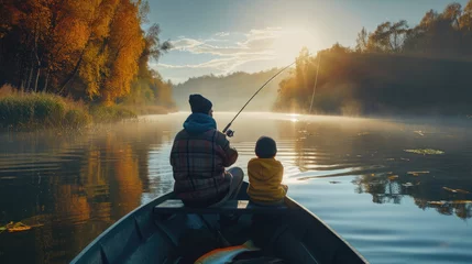 Foto op Canvas dad and son catch fish with a fishing rod, sit on a boat on the river bank, autumn © yanapopovaiv