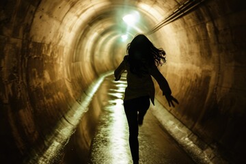 Woman running in a tunnel with light at the end of the tunnel. AI generated