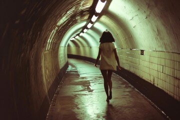 Woman walking in a tunnel, motion blur. Blurred background. AI generated