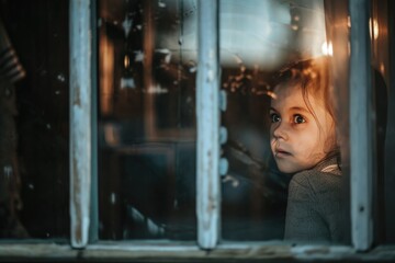 Portrait of a cute little girl looking through the window. Selective focus. AI generated