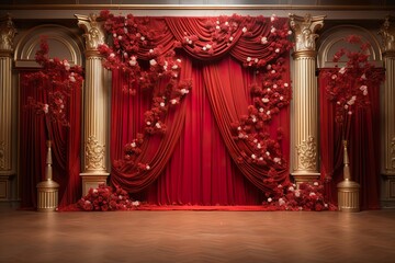 red with golden curtain wedding stage with flowers frames