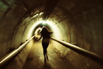 abstract image of a young woman walking in a tunnel with motion blur. AI generated