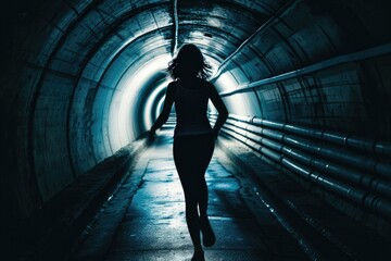 Silhouette of a woman running in a dark underground tunnel. AI generated