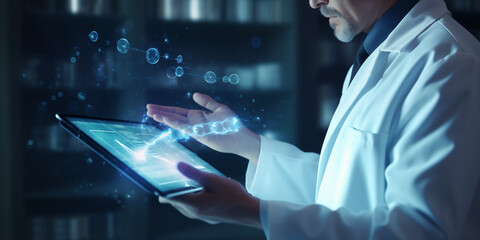 a doctor with a tablet in his hands.  the concept of technology development in the field of medicine