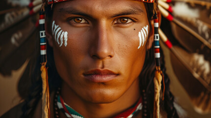 Portrait of American Indian man in traditional costume.