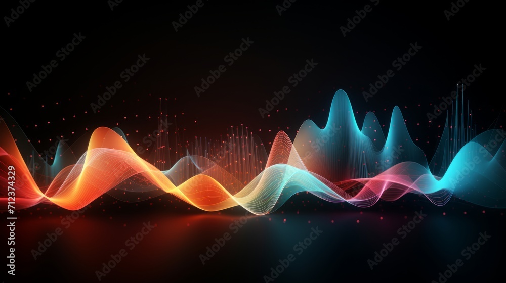 Poster vibrant 3d sound waves in abstract colorful motion on dark background - dynamic data visualization a