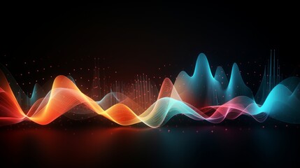 Vibrant 3d sound waves in abstract colorful motion on dark background - dynamic data visualization and abstract points graph - digital art illustration for multimedia and technology - obrazy, fototapety, plakaty