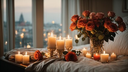 Valentines day bedroom decoration with glowing candles and red roses bouquet 