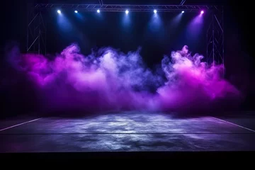 Cercles muraux Violet The dark stage shows, dark purple, multicolored background, an empty dark scene, neon light, spotlights The asphalt floor and studio room with smoke float up the interior texture