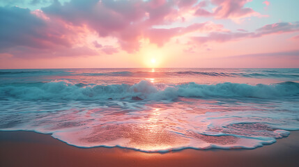 Obraz premium beautiful sunset over a pink sandy beach and ocean. spectacular beach scene, beach travel view background
