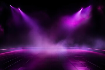 The dark stage shows, dark purple, multicolored background, an empty dark scene, neon light, spotlights The asphalt floor and studio room with smoke float up the interior texture