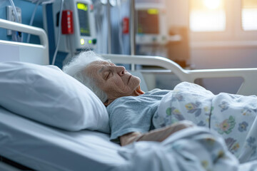 Male patient lying tiredly on hospital bed - obrazy, fototapety, plakaty