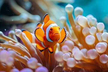 an orange clown fish swimming in a sea anemone.