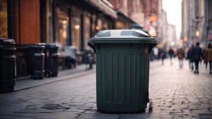 Trash can on the road in a city , garbage bin in the street, 3r concept, garbage disporsal