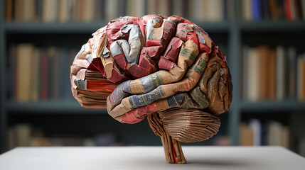 A shape of human brain created from old books in library. The more you read the smarter you are
