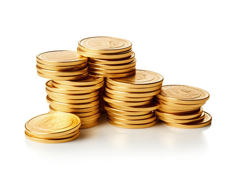 A close-up image showcasing stacks of shiny golden coins isolated on a white background, symbolizing wealth and savings.