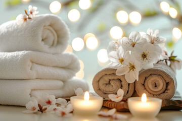 A serene spa setting featuring neatly rolled and stacked white towels, delicate cherry blossoms, and glowing candles creating a peaceful ambiance.
