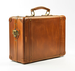 A classic, vintage leather suitcase with a sturdy handle, metallic locks, and detailed stitching, isolated on a white background.