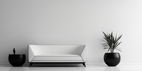 Sleek minimalist interior with white sofa and black decor elements