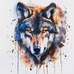 A captivating watercolor painting of a wolf, showcasing intense eyes amidst a splash of vibrant colors, evoking a sense of mystique and wilderness