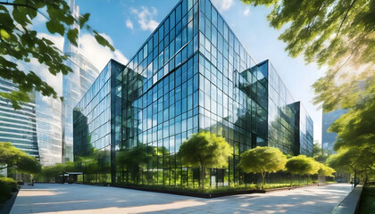 Eco-friendly building in the modern city. Sustainable glass office building with tree for reducing carbon dioxide. Office building with green environment. Corporate building reduce CO2.