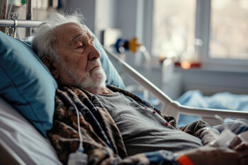Male senior patient lying tiredly on hospital bed - Powered by Adobe