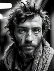 Fototapeta premium Poor young man in a black and white background