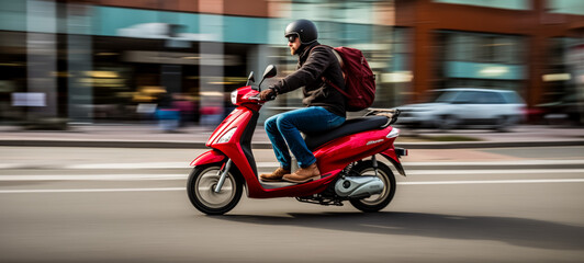 Fototapeta na wymiar Man on red scooter in motion on urban city street