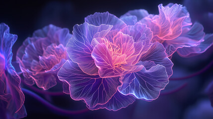 Closeup of a purple carnation flower with semi transparent petals, fantasy flower on black background
