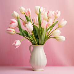 Bouquet of fresh white and pink tulips in vase on pink background. Still life with beautiful spring flowers