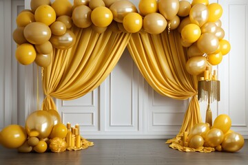 yellow with golden curtain birthday stage with frames and balloons,