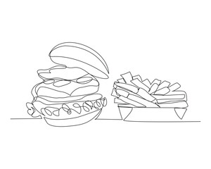 Continuous single line sketch drawing of cheese beef hamburger and potato chips french fries. One line art of junkfood snack meal food vector illustration
