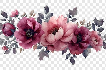 Watercolor pink magenta peony flowers bouquet clipart. Floral arrangement for card, invitation, decoration. Illustration isolated on transparent background