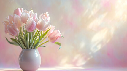Bouquet of fresh white and pink tulips in vase on pastel color background. Still life with beautiful spring flowers, banner with copy space - obrazy, fototapety, plakaty