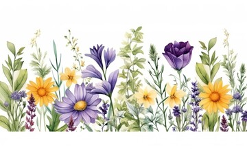 Watercolor wildflowers seamless border. repeating pattern. Daisy, calendula, lavender, eucalyptus branches and leaves garland. Summer floral frame for greeting cards and invitations