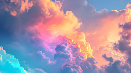 Fototapeta na wymiar Assorted intensely iridescent rainbow-chromed clouds. Horizontal background. High quality