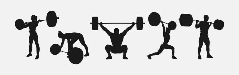 weightlifting silhouette set. male and female athlete, weightlifter, sport. isolated on white background. vector illustration. - obrazy, fototapety, plakaty