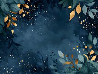 Winter night background with leaves and stars. Watercolor background with space in the center. High-resolution