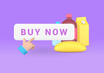 Buy now grocery online shopping button with business man hand click cursor 3d icon realistic vector