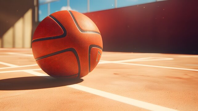 A basketball on the ground in the sun