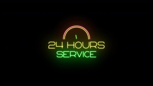 24 hours service Motion Graphic: A seamless loop of an animated neon sign transitioning from vibrant to a subdued glow. Ideal for businesses with closing hours. High-resolution  