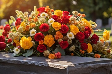 Cascade-Style Bouquet in Red, Orange, and Yellow Adorning a Grave with Heartfelt Beauty.  - obrazy, fototapety, plakaty
